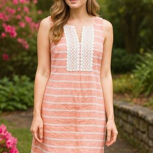 TALBOTS 10 Sheath Dress Linen Blend Striped Embroidered Pockets Lined